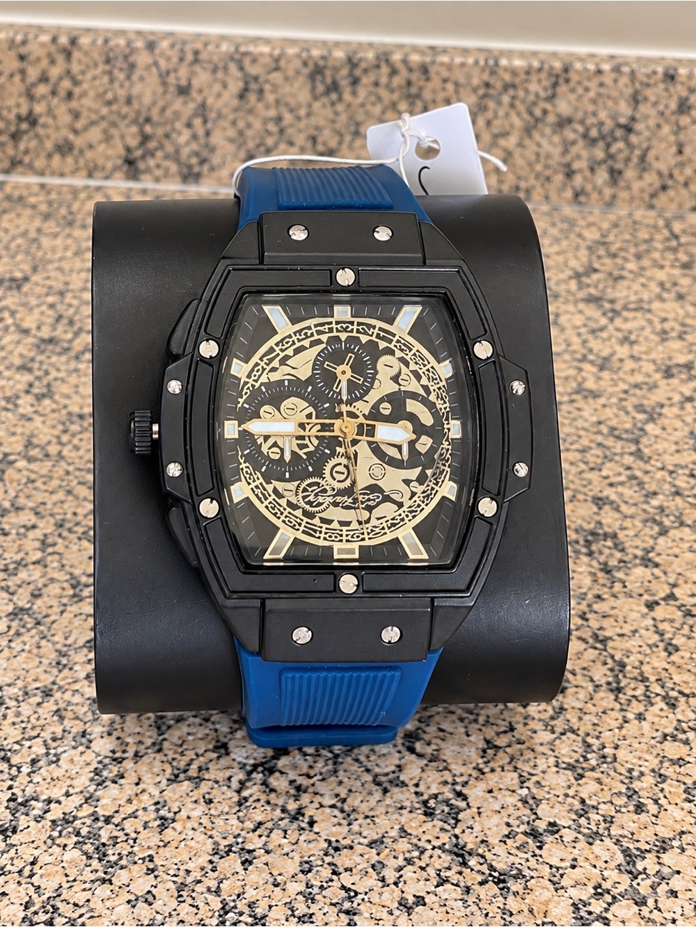 Ed Hardy Blue Silicone Strap Black Case Skeleton Dial Watch